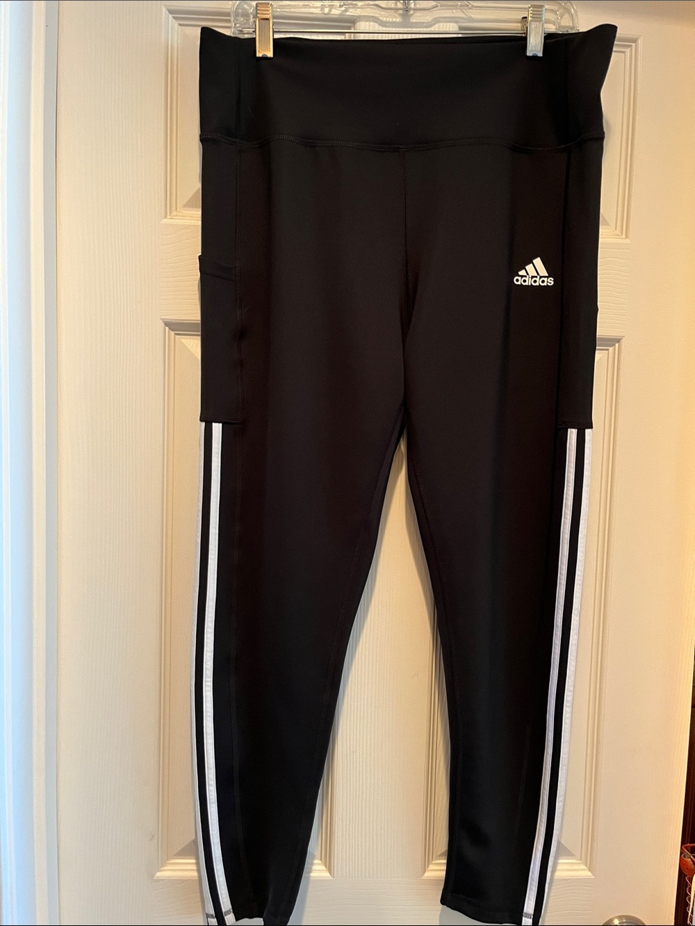 Adidas Women’s, Black Athletic Leggings with Side Stripes and Pocket - Aeroready